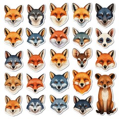 Collection of realistic fox and raccoon animal head stickers with detailed fur and expressive eyes on white background