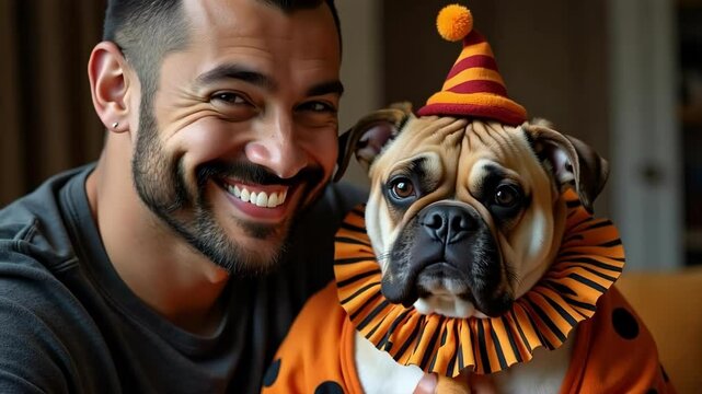 A man with a buzz cut and beard lovingly holds his bulldog dressed in a spooky clown costume in this 4k footage.