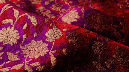 Elegant Floral Brocade Fabric in Rich Red and Purple Tones. AI generative