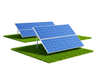 Two blue solar panels on green grass isolated on transparent background