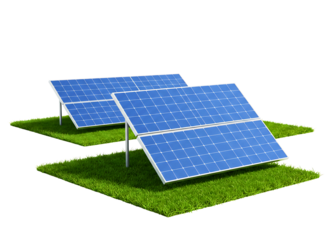 Two blue solar panels on green grass isolated on transparent background