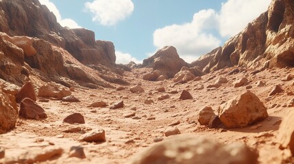 A sun-drenched canyon with red sand and rocks under a bright blue sky
