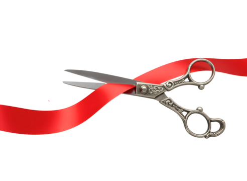 Silver scissors cutting a vibrant red ribbon isolated on transparent background