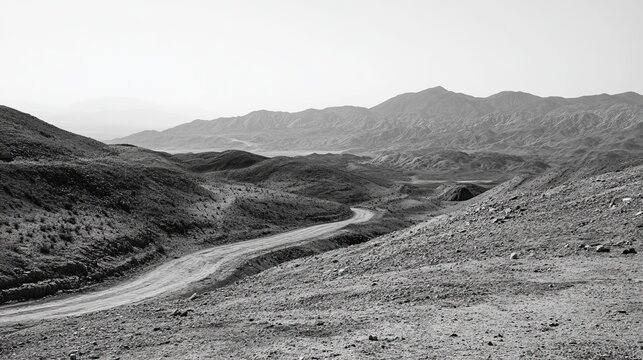 A winding dirt road cuts through a desolate, mountainous landscape under a pale sky.  The monochrome image emphasizes the harsh beauty of the terrain