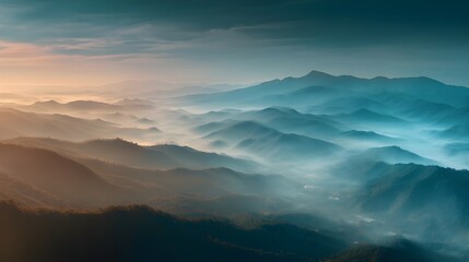 Aerial mountain sunrise with misty valleys and warm light - generative AI