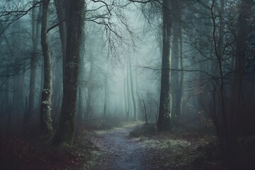Fototapeta premium Winter forest trail with mist and desaturated tones – generative AI