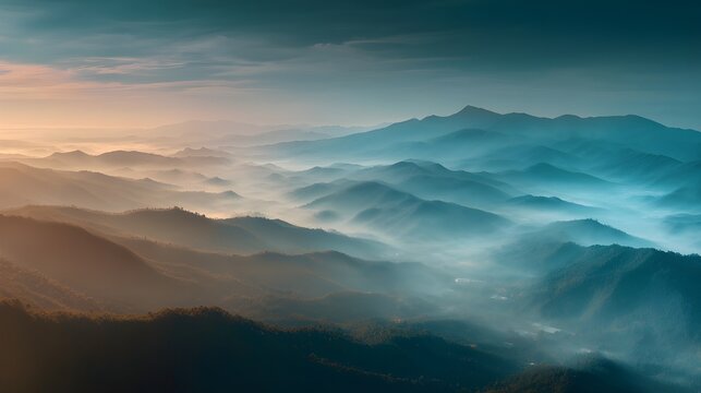 Aerial mountain sunrise with misty valleys and warm light - generative AI