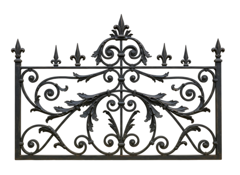 Ornate black wrought iron fence section with decorative scrollwork isolated on transparent background - Powered by Adobe