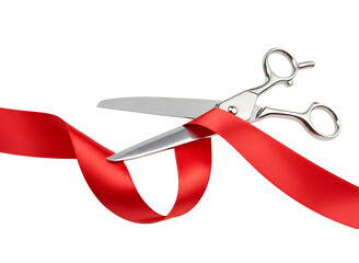 Silver scissors cutting a vibrant red ribbon isolated on transparent background