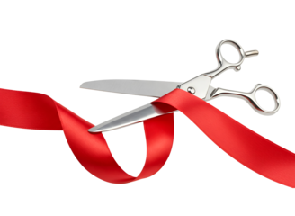 Silver scissors cutting a vibrant red ribbon isolated on transparent background