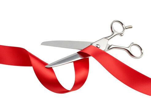Silver scissors cutting a vibrant red ribbon isolated on transparent background - Powered by Adobe
