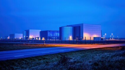 Fototapeta premium A modern industrial facility illuminated at dusk with a clear blue sky and an empty road in the foreground.