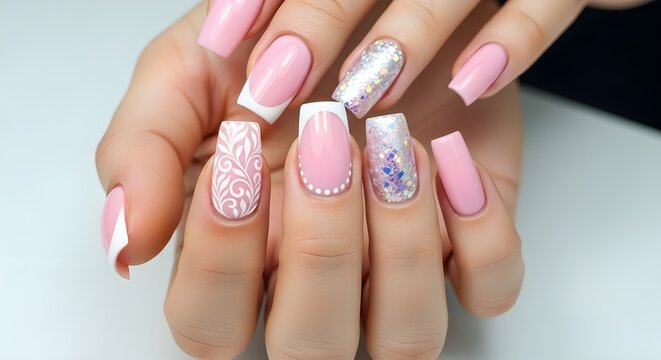 Woman's hands with pink manicure and nail art designs - Powered by Adobe