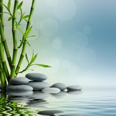 Zen-Inspired Abstract Background Featuring Smooth Stones, Bamboo Stalks, and Gentle Water Ripples Bathed in Soft, Soothing Light