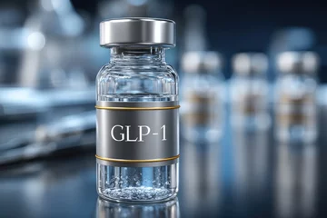 Fototapete Clear glass vial showcases GLP-1 label, symbolizing modern weigh © Larisa