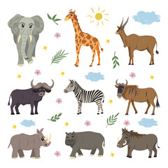 Vector set African animals. Children cute herbivores of the African savannah. Elephant, giraffe, antelopes, zebra, warthog, buffalo, rhinoceros and hippopotamus.