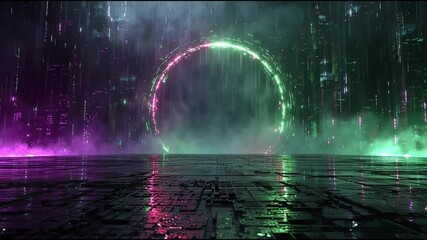 futuristic portal glowing with neon green and pink light in a misty sci-fi city with digital rain and reflective ground cyberpunk landscape atmospheric digital environment - Powered by Adobe