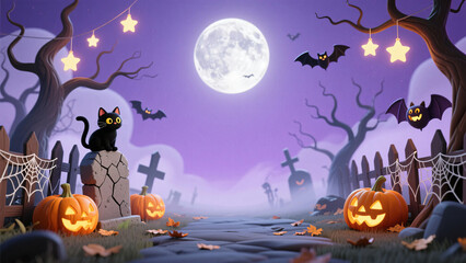 cartoon halloween graveyard with black cat glowing pumpkins bats ghost tombstones spider webs twisted trees and starry night background banner backdrop illustration