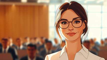 Young happy businesswoman attending a seminar in conference hall Generative AI	
