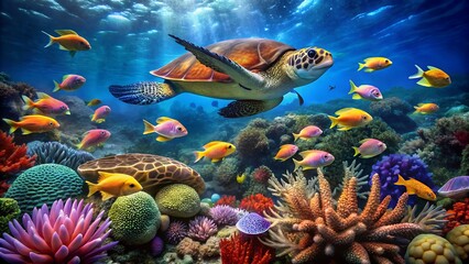 Photo of a sea turtle gracefully swims among colorful fish and coral in a vibrant underwater reef ecosystem