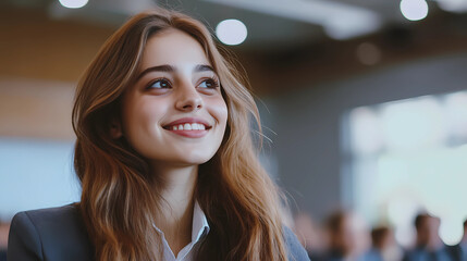 Young happy businesswoman attending a seminar in conference hall Generative AI	

