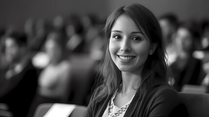 Young happy businesswoman attending a seminar in conference hall Generative AI	
