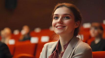 Young happy businesswoman attending a seminar in conference hall Generative AI	
