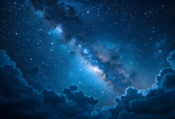 Stunning Milky Way Galaxy Night Sky with Star Clusters and Cosmic Clouds Illuminated in Deep Blue and White Light