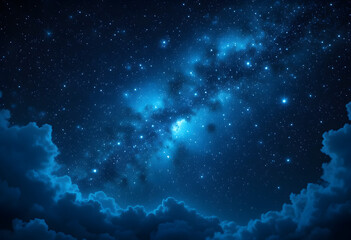 Stunning Milky Way Galaxy Night Sky with Star Clusters and Cosmic Clouds Illuminated in Deep Blue and White Light