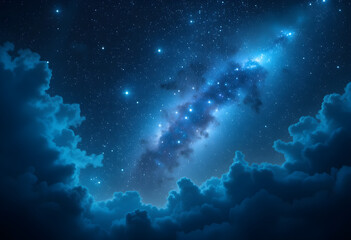 Stunning Milky Way Galaxy Night Sky with Star Clusters and Cosmic Clouds Illuminated in Deep Blue and White Light
