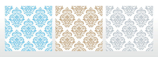 Wallpapers in the style of Baroque.. Set of colored floral ornaments. Seamless vector backgrounds Graphic patterns for fabric, wallpaper, packaging. Ornate Damask flower illustration