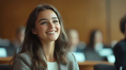 Young happy businesswoman attending a seminar in conference hall Generative AI	
