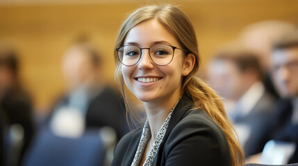 Young happy businesswoman attending a seminar in conference hall Generative AI	
