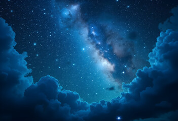 Stunning Milky Way Galaxy Night Sky with Star Clusters and Cosmic Clouds Illuminated in Deep Blue and White Light