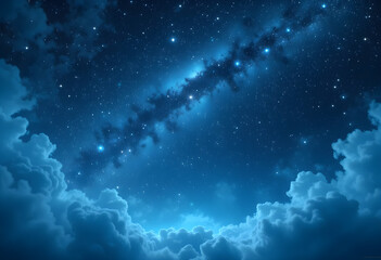 Stunning Milky Way Galaxy Night Sky with Star Clusters and Cosmic Clouds Illuminated in Deep Blue and White Light
