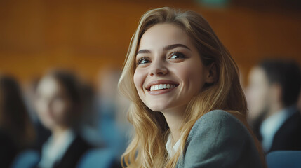 Young happy businesswoman attending a seminar in conference hall Generative AI	
