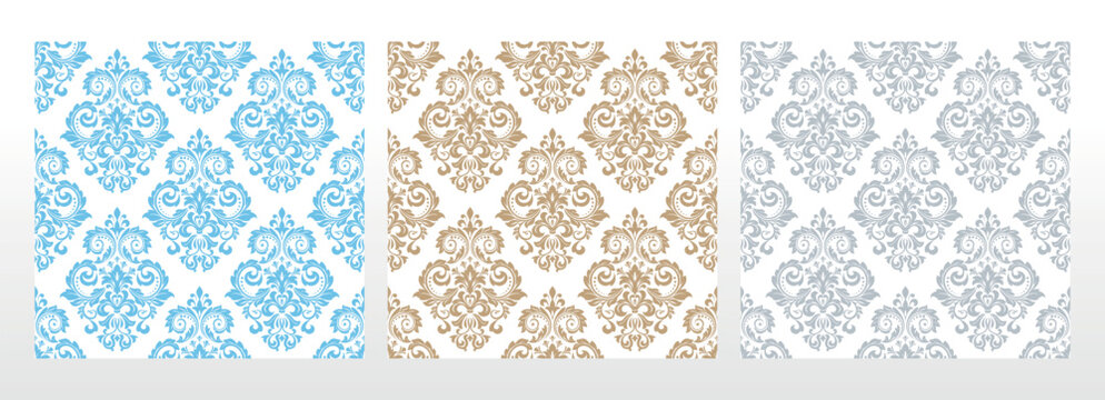 Wallpapers in the style of Baroque.. Set of colored floral ornaments. Seamless vector backgrounds Graphic patterns for fabric, wallpaper, packaging. Ornate Damask flower illustration