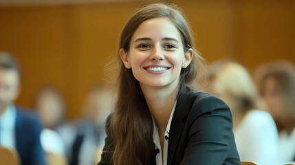 Young happy businesswoman attending a seminar in conference hall Generative AI	
