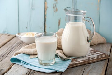 A glass of fresh milk and a classic milk jug set atop a rustic wooden table with a soft light blue backdrop