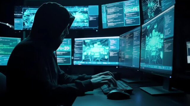 Cybersecurity Vigil: A hooded figure sits intently before multiple computer screens displaying complex data streams, symbolizing the constant battle against cyber threats.