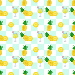 Seamless pattern of pineapple (Ananas comosus) fruit, pineapple slices, and pineapple cocktail, in a tropical and summer theme on light green and white checkered pattern background