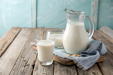 A glass of fresh milk and a classic milk jug set atop a rustic wooden table with a soft light blue backdrop