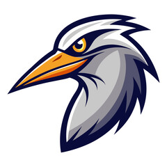 Obraz premium Stylized aggressive heron bird mascot head with sharp beak and piercing yellow eye