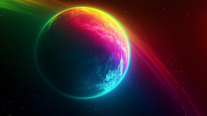 Fantastic space with planet background horizontal poster. Digital illustration. AI artwork.	