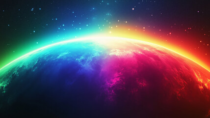 	
Space rainbow Milky Way concept background. Universe galaxy horizontal poster. Amazing cosmic wallpaper. Raster bitmap digital illustration. AI artwork.