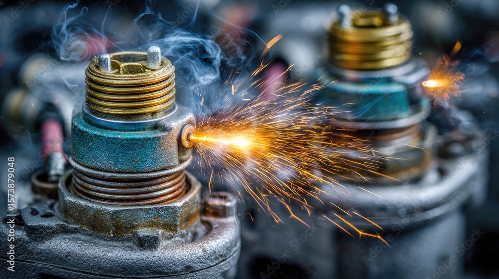 Poster high-voltage spark generation in engine components industrial setting close-up photography dynamic v