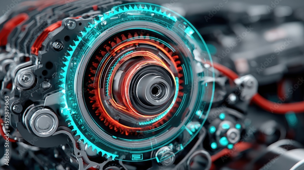 Poster dynamic mechanical components industrial workshop 3d visualization high-tech environment close-up pe