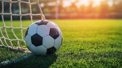 Fototapeta premium A classic black and white soccer ball rests against a net on lush green field