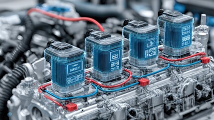 Engine control system components automotive workshop technical visuals industrial setting close-up engineering concepts