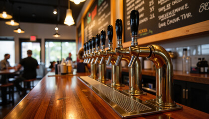 Vintage beer taps and chalkboard menu in modern brewery, craft ambiance